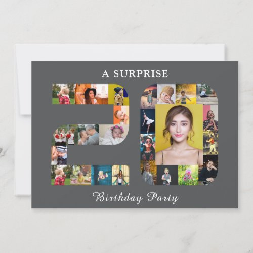 20th Birthday Party Photo Collage Modern Grey Invitation