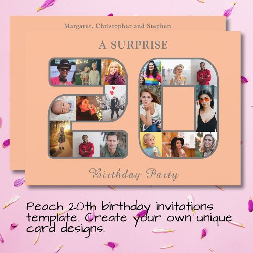 20th Birthday Party Photo Collage Peach Fuzz Invitation