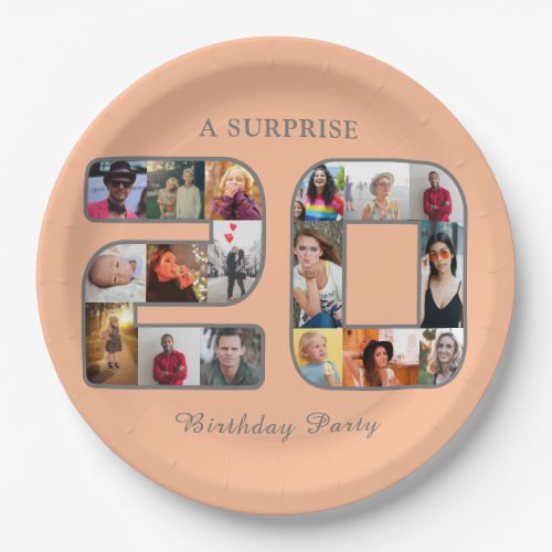 20th Birthday Party Photo Collage Peach Fuzz Paper Plates