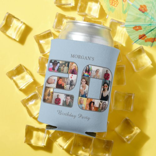 20th Birthday Party Photo Collage Powder Blue Can Cooler