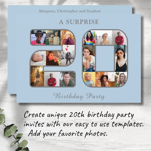 20th Birthday Party Photo Collage Powder Blue Invitation