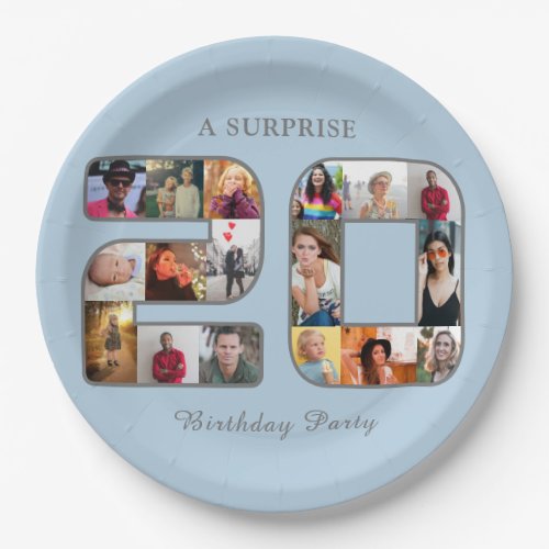 20th Birthday Party Photo Collage Powder Blue Paper Plates