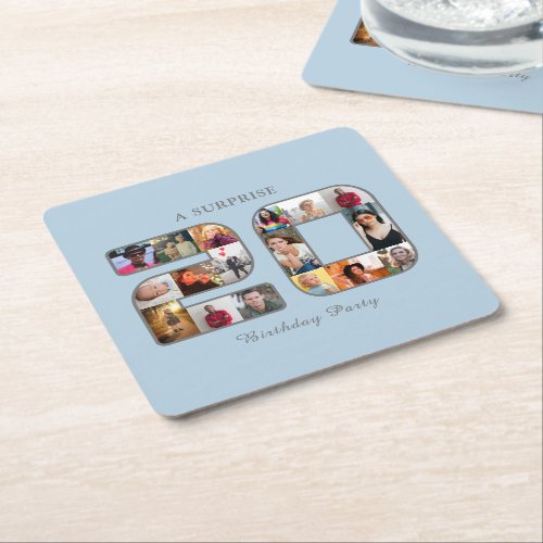 20th Birthday Party Photo Collage Powder Blue Square Paper Coaster