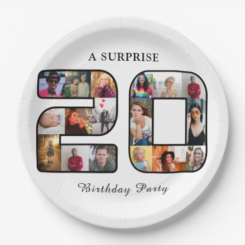 20th Birthday Party Photo Collage White Paper Plates