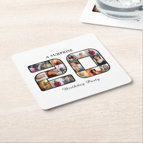 20th Birthday Party Photo Collage White Square Paper Coaster
