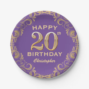 20th Birthday Party Purple and Gold Glitter Frame Paper Plates