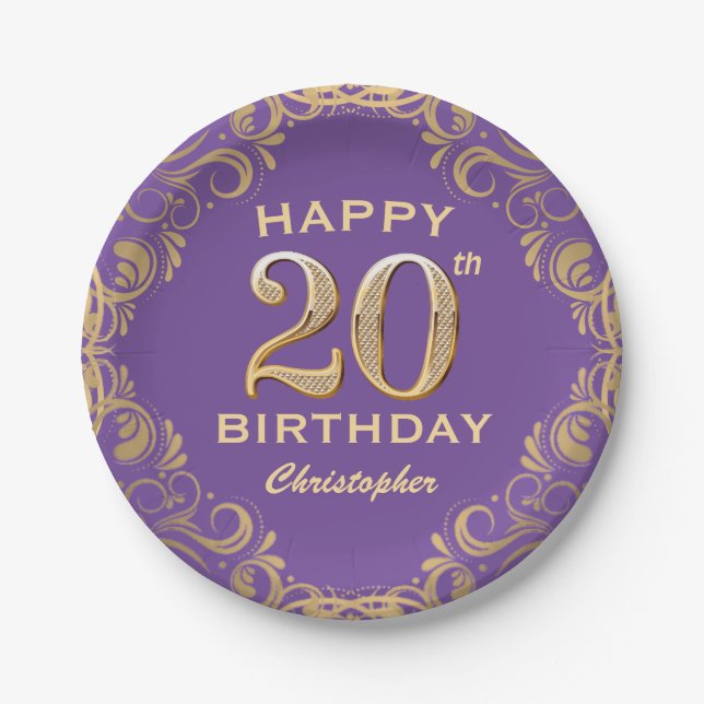 20th Birthday Party Purple and Gold Glitter Frame Paper Plates (Front)