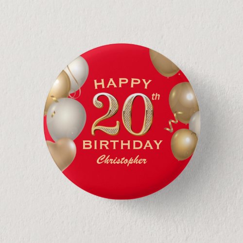 20th Birthday Party Red and Gold Balloons Button