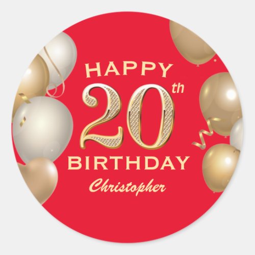 20th Birthday Party Red and Gold Balloons Classic Round Sticker