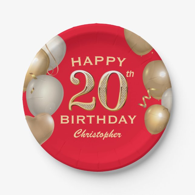 20th Birthday Party Red and Gold Balloons Paper Plates (Front)