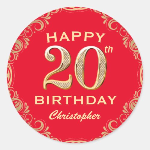 20th Birthday Party Red and Gold Glitter Frame Classic Round Sticker