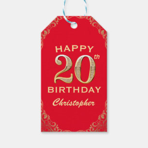 20th Birthday Party Red and Gold Glitter Frame Gift Tags