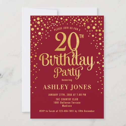 20th Birthday Party _ Red  Gold Invitation