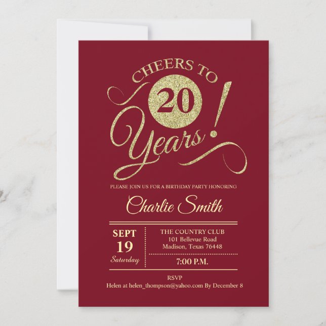 20th Birthday Party - Red Gold Invitation (Front)