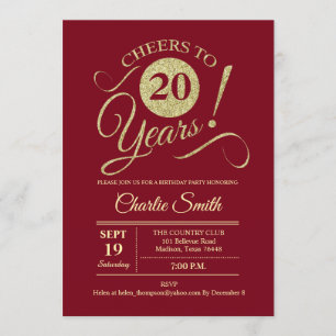 20th Birthday Party - Red Gold Invitation