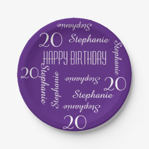20th Birthday Party Repeating Names Purple Paper Plates