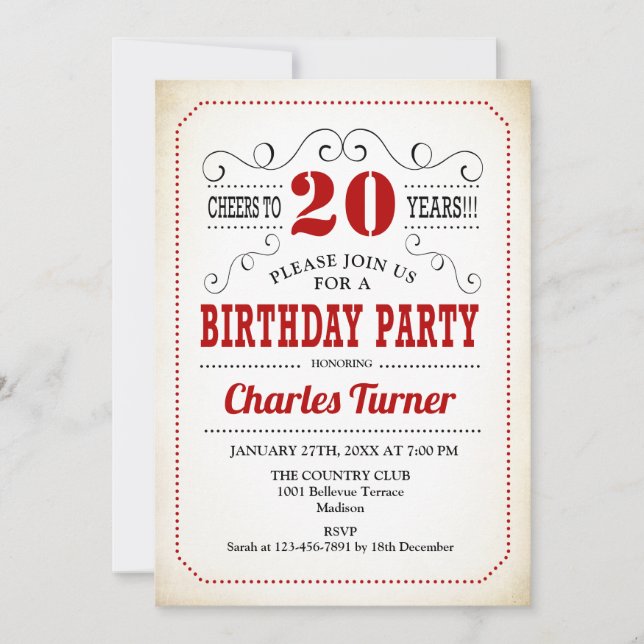 20th Birthday Party - Retro Creamy White and Red Invitation (Front)