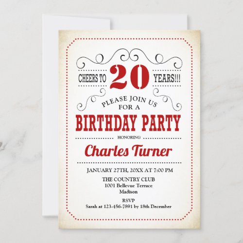 20th Birthday Party _ Retro Creamy White and Red Invitation