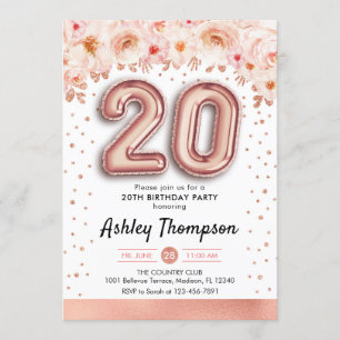 20th Birthday Party - Rose Gold Balloons Invitation