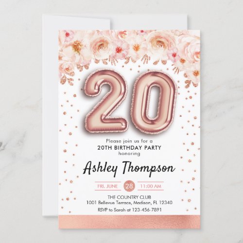 20th Birthday Party _ Rose Gold Balloons Invitation