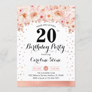 20th Birthday Party - Rose Gold Flowers Invitation