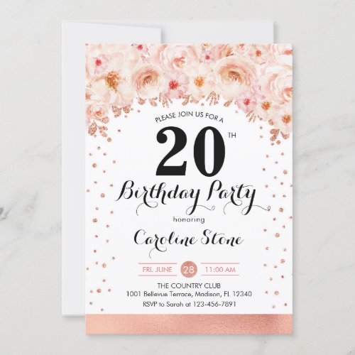 20th Birthday Party _ Rose Gold Flowers Invitation