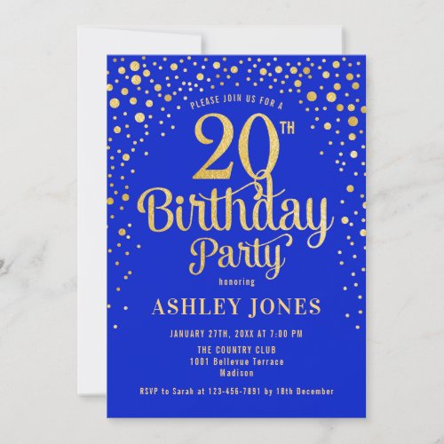 20th Birthday Party _ Royal Blue  Gold Invitation