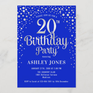 20th Birthday Party - Royal Blue & Silver Invitation