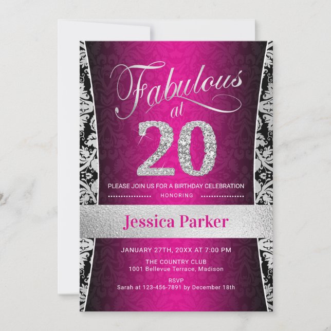 20th Birthday Party - Silver Pink Black Invitation (Front)