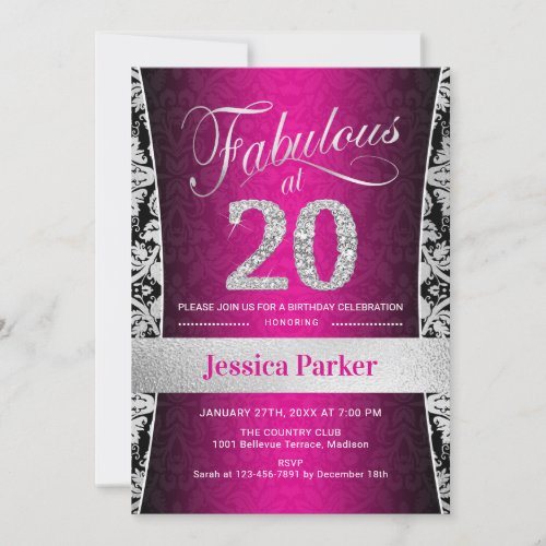 20th Birthday Party _ Silver Pink Black Invitation