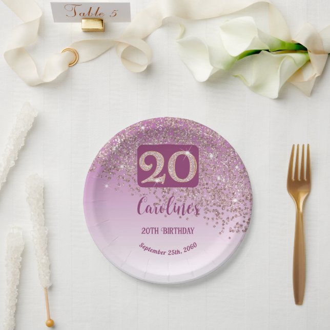 20th Birthday Party Sparkle Rose Gold Glitter Paper Plates (Wedding)