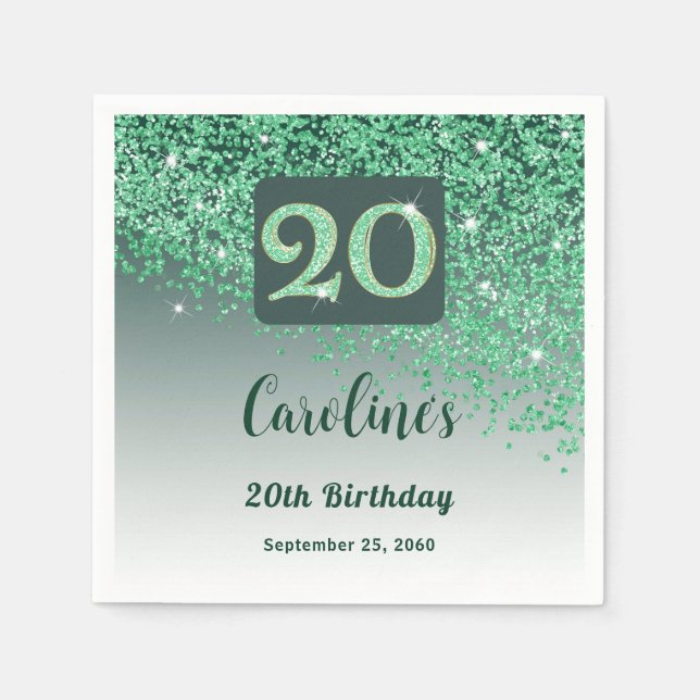 20th Birthday Party Sparkling Green Glitter Napkins (Front)