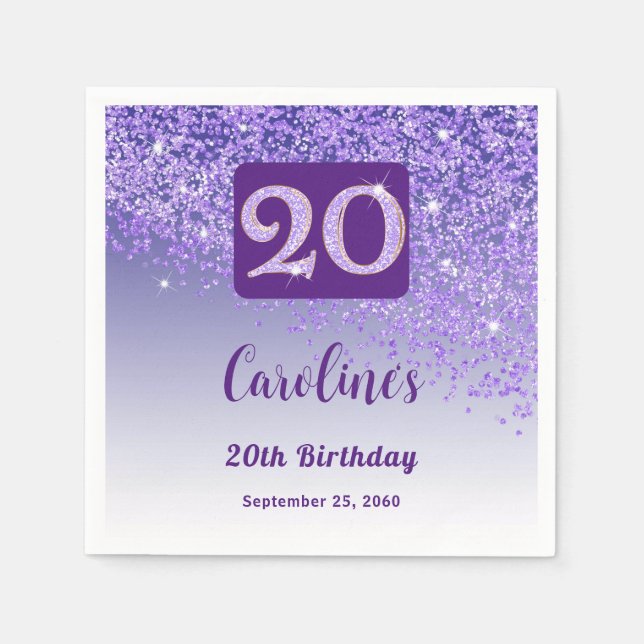 20th Birthday Party Sparkling Purple Glitter Napkins (Front)