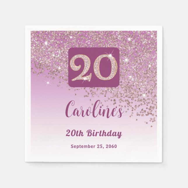 20th Birthday Party Sparkling Rose Gold Glitter Napkins (Front)