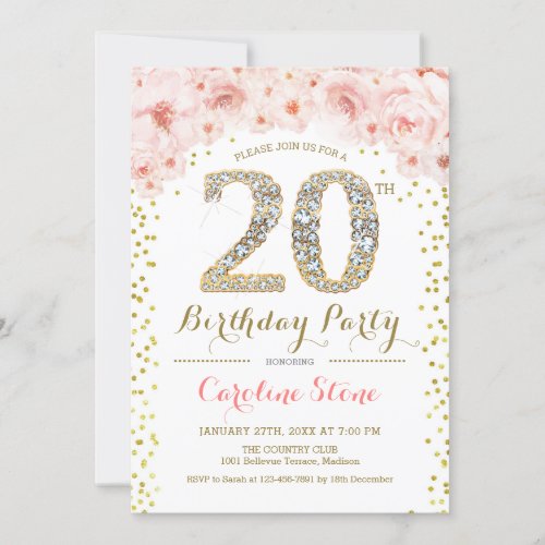 20th Birthday Party _ White Gold Pink Invitation