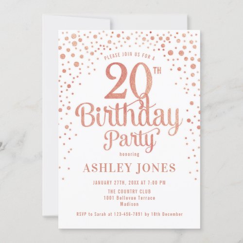 20th Birthday Party _ White  Rose Gold Invitation