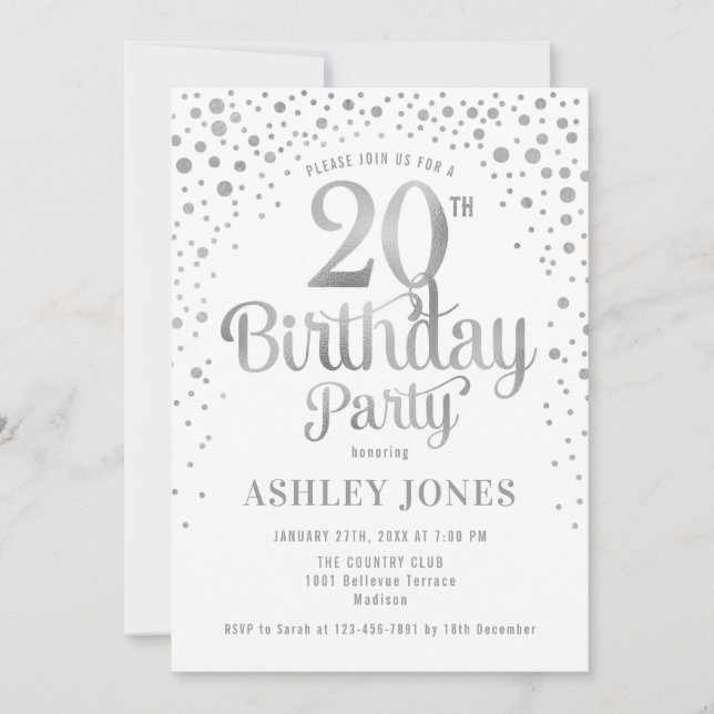 20th Birthday Party - White & Silver Invitation (Front)