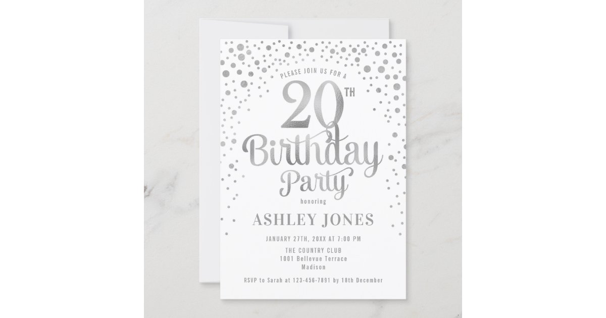 20th Birthday Party - White & Silver Invitation 