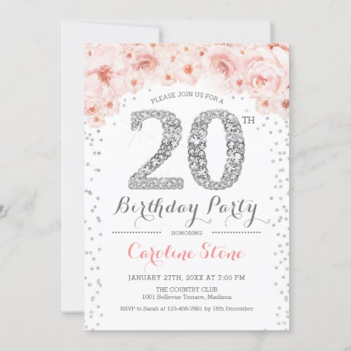 20th Birthday Party _ White Silver Pink Invitation