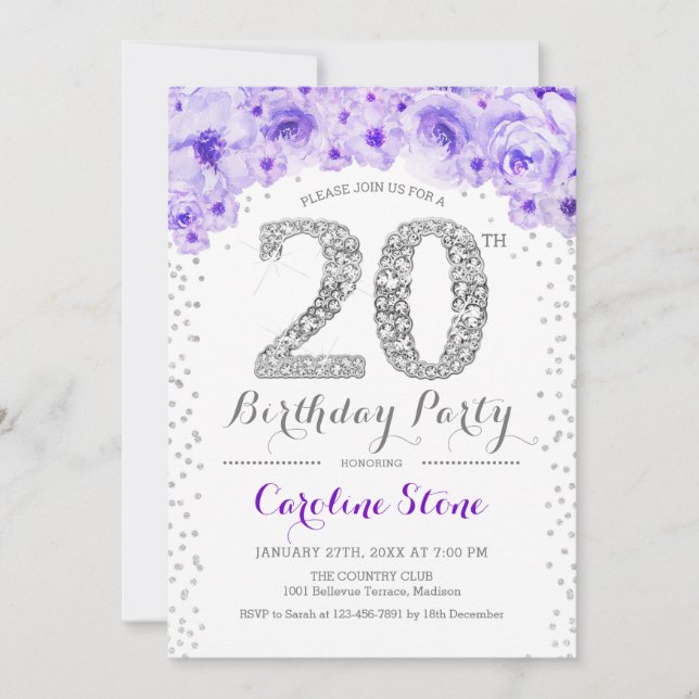 20th Birthday Party - White Silver Purple Invitation (Front)