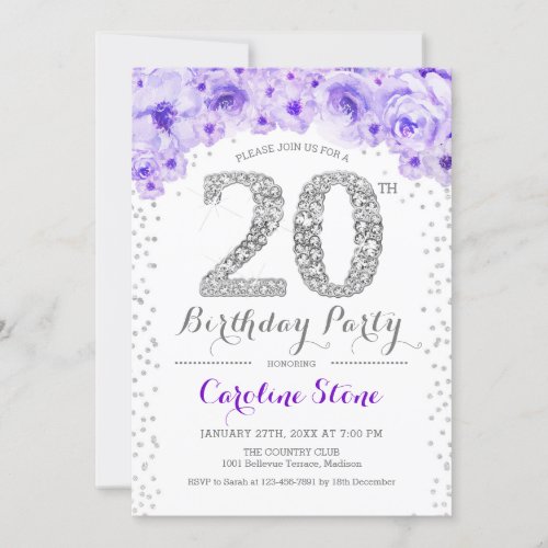 20th Birthday Party _ White Silver Purple Invitation