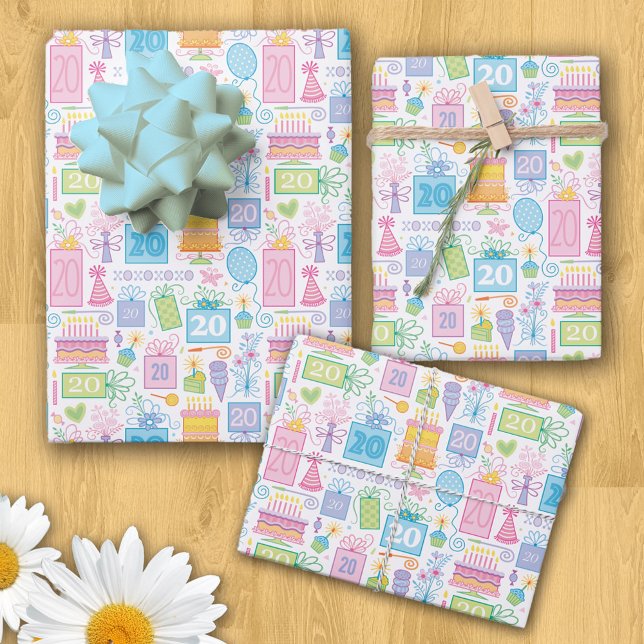 20th Birthday Pastel Pink Cake Presents Balloons Wrapping Paper Sheets (Creator Uploaded)