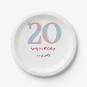 20TH BIRTHDAY PEACH BLUE BOLD RETRO NAME STYLISH PAPER PLATES