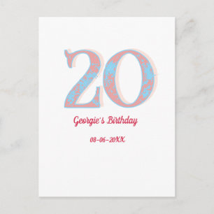 20TH BIRTHDAY PEACH BLUE BOLD RETRO NAME STYLISH POSTCARD