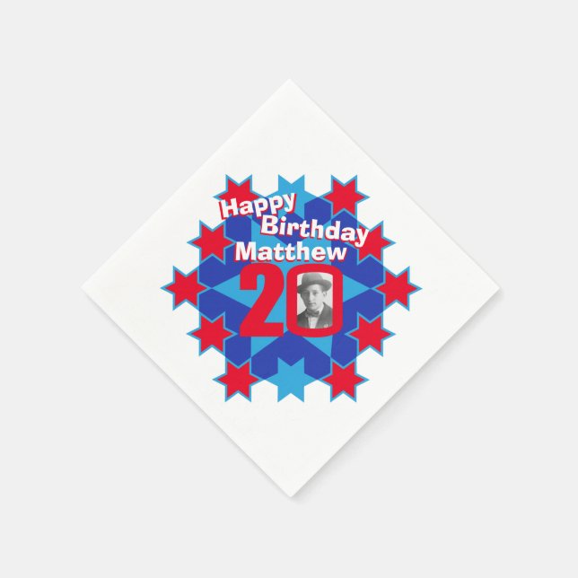 20th birthday photo and name red star napkins (Corner)