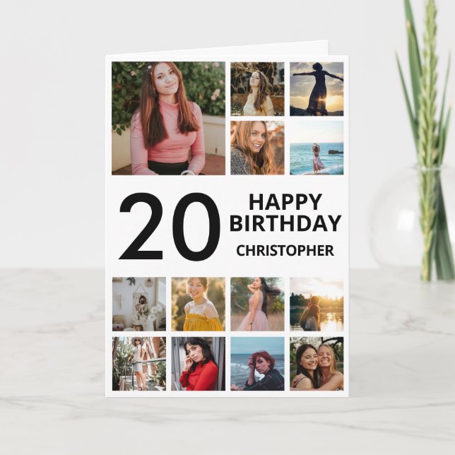 20th Birthday Photo Collage 13 Photos Black White Card (Front)
