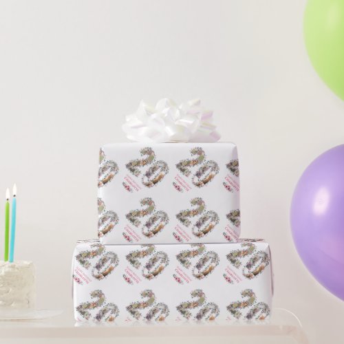 20th Birthday Photo Collage Girl Pink Flower White Wrapping Paper