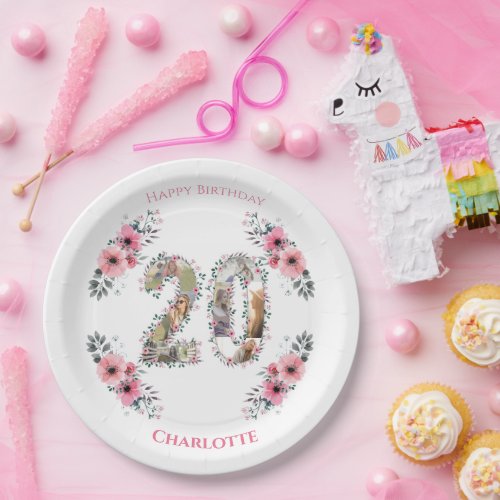 20th Birthday Photo Collage Pink Flower Girl White Paper Plates
