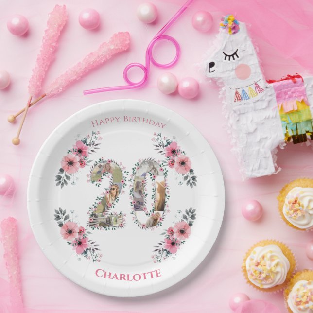 20th Birthday Photo Collage Pink Flower Girl White Paper Plates (Party)