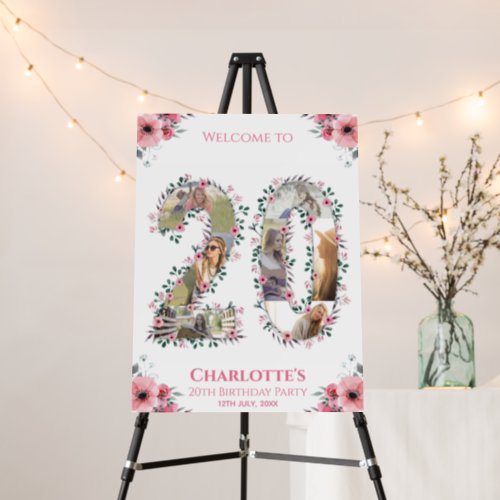 20th Birthday Photo Pink Flower White Welcome Foam Board